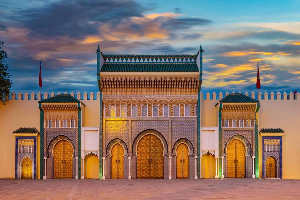 Bab Boujloud gate illuminated at sunset in Fes, Morocco