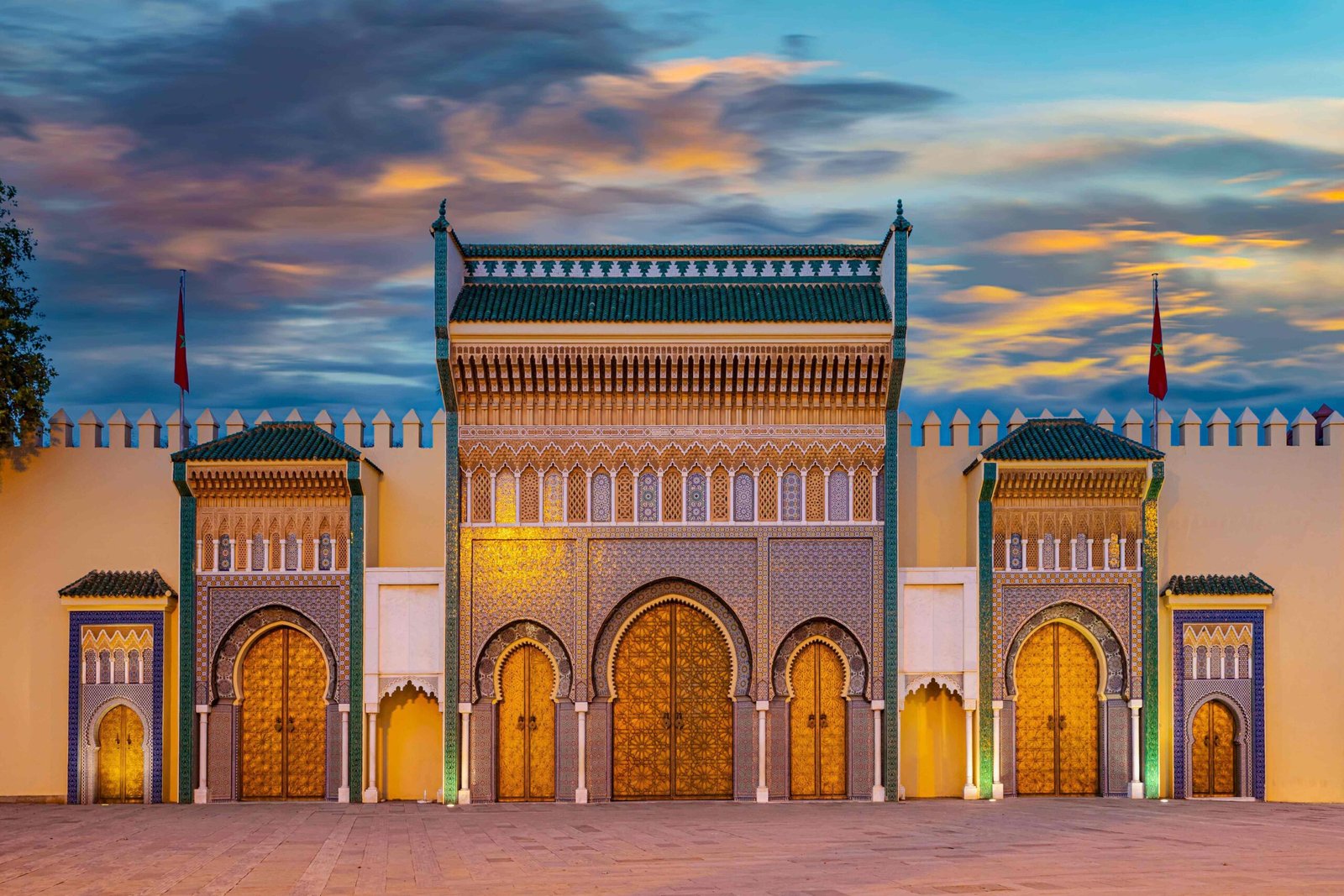 Bab Boujloud gate illuminated at sunset in Fes, Morocco