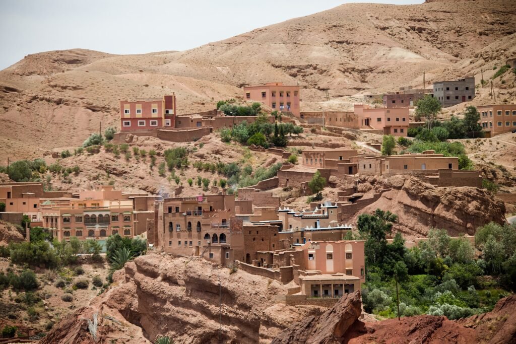 Traditional Berber village built into the red cliffs of Boumalne Dades in the Atlas Mountains, Morocco