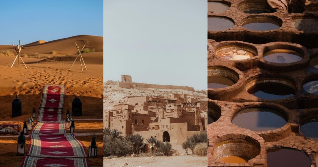 Photo collage of Sahara desert camp, Aït Ben Haddou ksar, and traditional tanneries in Fez