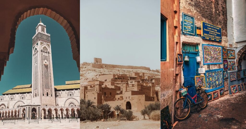 Collage of Hassan II Mosque in Casablanca, historic Aït Ben Haddou, and colorful artisan market in Chefchaouen, Morocco