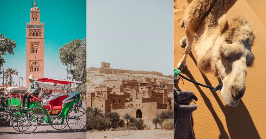 Collage of a horse-drawn carriage near Koutoubia Mosque in Marrakech, the kasbah of Aït Ben Haddou, and camel trekking in the Sahara Desert