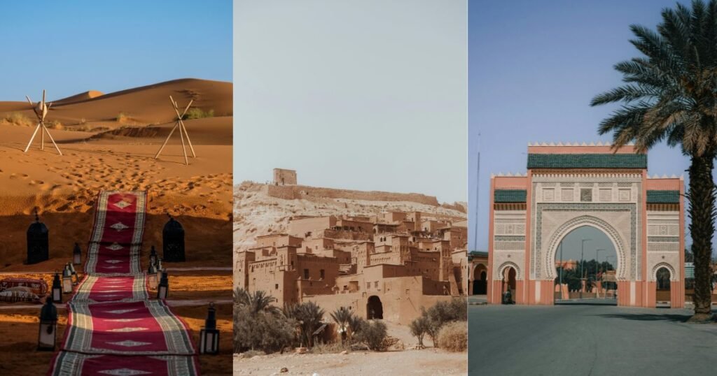 Collage of Moroccan architecture, souk pigments, and traditional street scenes showcasing the vibrant colors of Morocco