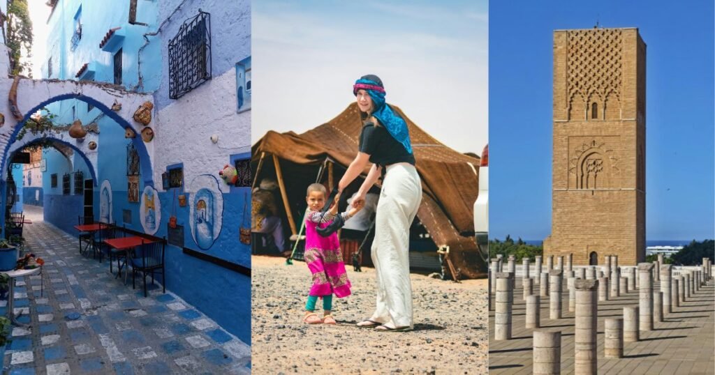 Collage of Morocco tour highlights including Chefchaouen blue streets, camel camp experience, and Hassan Tower in Rabat